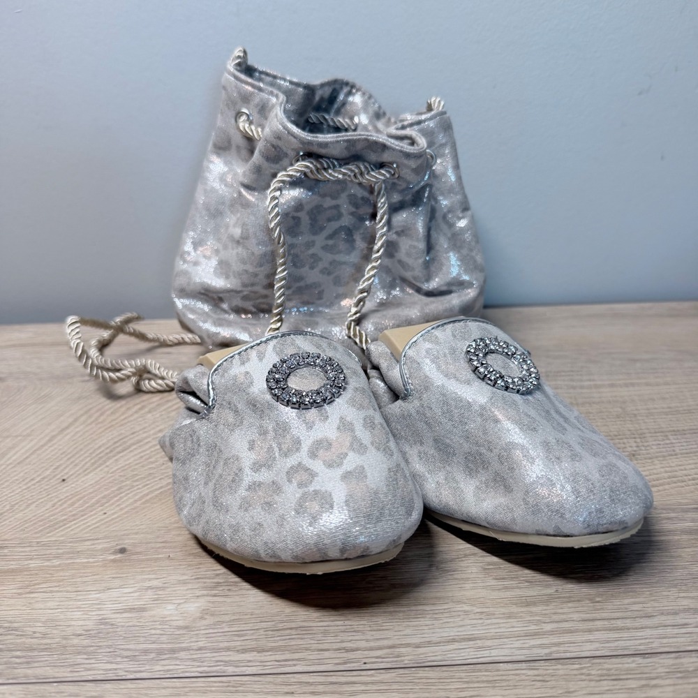 Joan Boyce Silver Leopard Foldable Ballet Flats 7.5 Rhinestones Travel Pouch